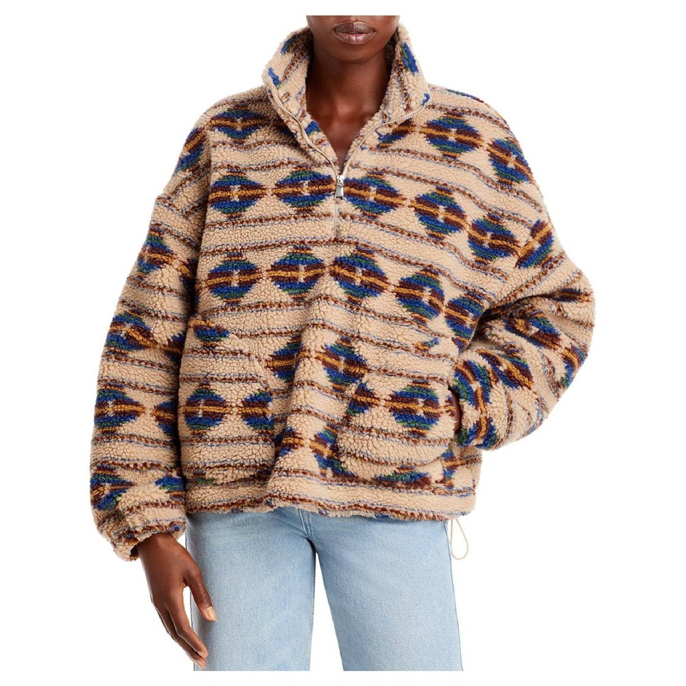 NEW Aqua Bloomingdale's Aztec Tribal Printed Sherpa Teddy Pullover in Beige - Picture 1 of 11